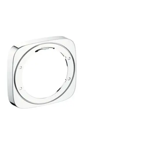 Hansgrohe Wandhalterung in quadratischer Form mit glänzender Oberfläche und rundem Ausschnitt, geeignet für verschiedene Installationen.